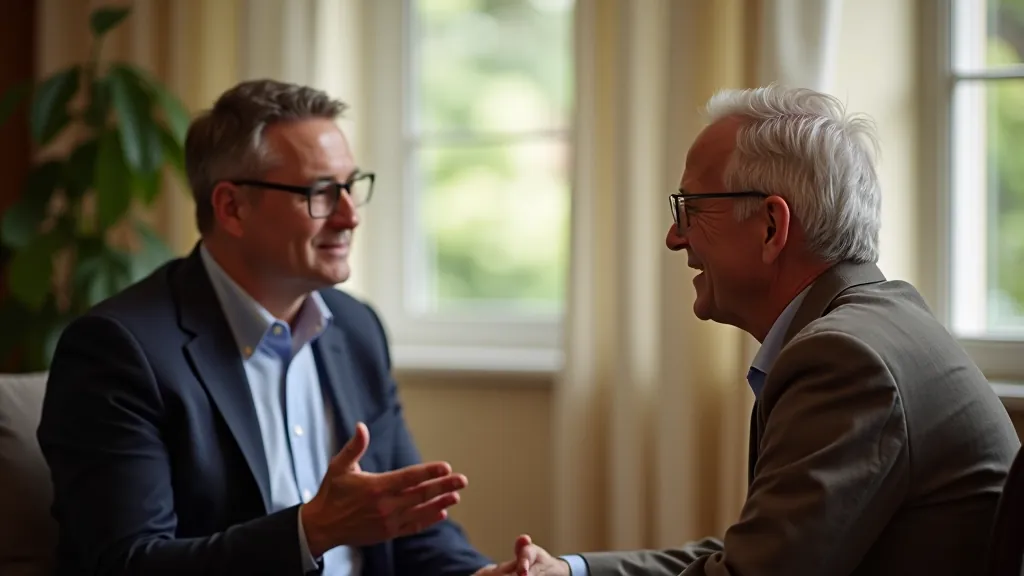 Two people in conversation, professional setting, supportive dialogue, counseling environment, warm interaction