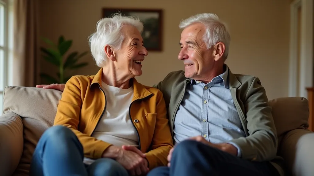 Couple sitting together, comfortable poses, warm lighting, relaxed home environment, genuine connection visible