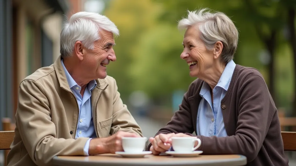 Two people of retirement age having coffee together outdoors at cafe table, engaged conversation, relaxed body language, natural daylight