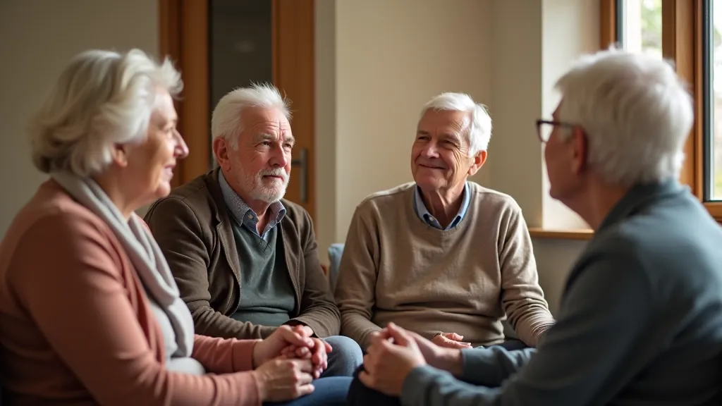 Group of older adults in conversation and discussion, community engagement and social connection, supportive environment with natural light