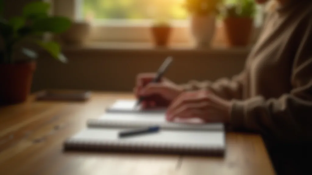 Hands writing in journal with pen, personal reflection and self-discovery, notebook on wooden table with warm lighting