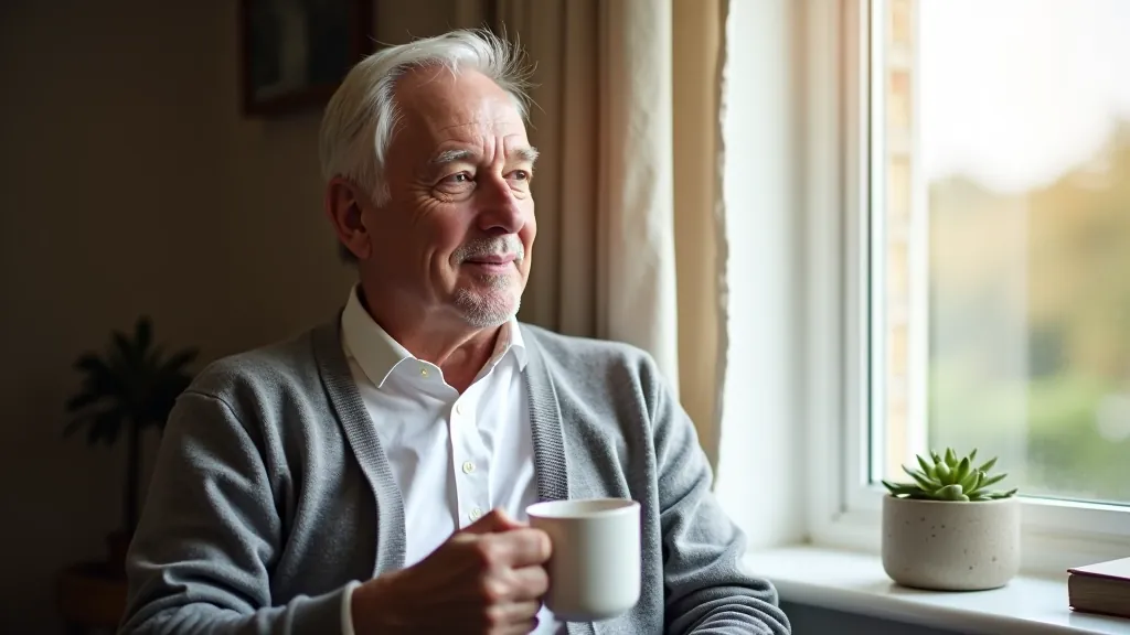 Retired man sitting by window with coffee, looking out at morning light, peaceful expression, home setting