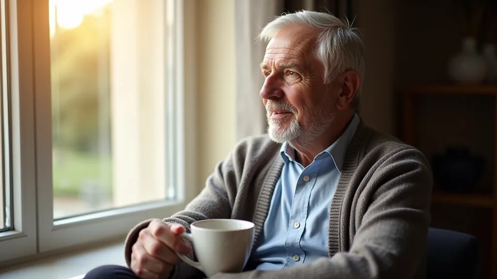 Older man sitting peacefully at home with coffee, looking thoughtful at window with morning light, moment of reflection and contemplation