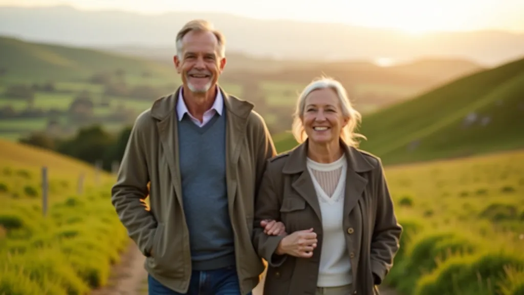 Retired couple walking together in Irish countryside discovering purpose