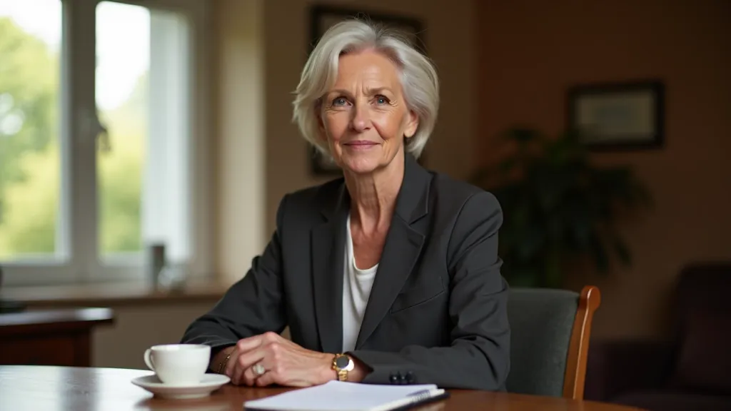 Woman reflecting on retirement transition at home office desk with notebook
