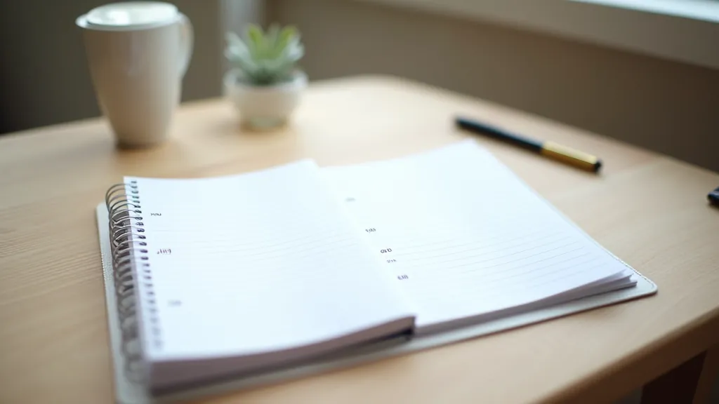 Open calendar on desk with handwritten notes and blank spaces, relaxed workspace, morning light, minimal clutter