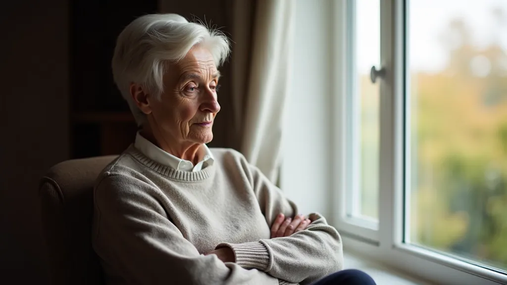 Person sitting by window looking thoughtful, warm natural light, peaceful expression, home setting, quiet moment of reflection