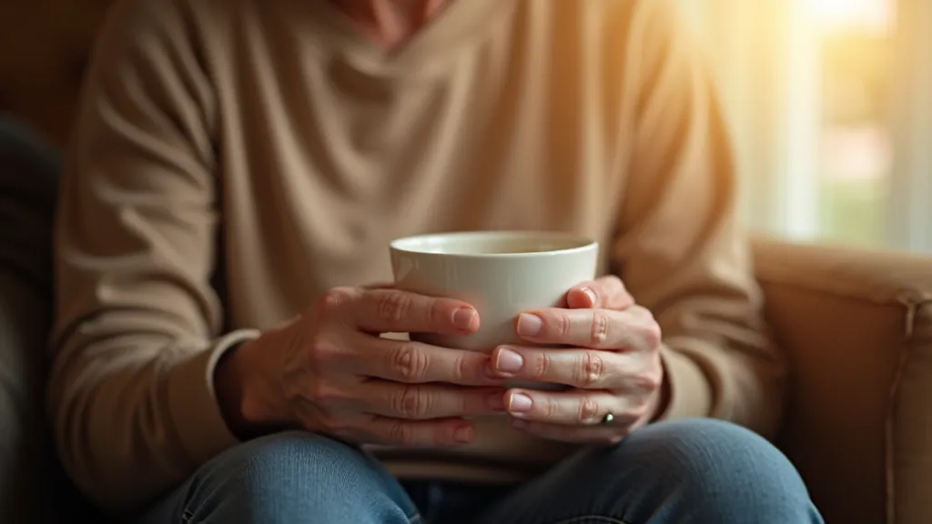Hands holding warm cup, cozy home setting, comfortable atmosphere, morning light, personal moment of self-care