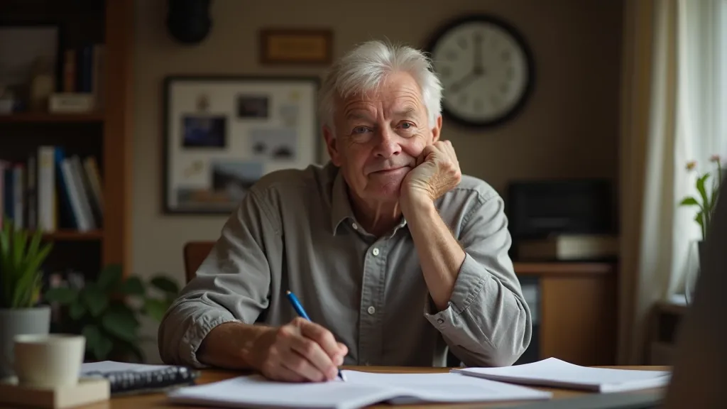 Mature person sitting in home office surrounded by photographs, books, and personal items reflecting various hobbies and interests, thoughtful expression, natural window light