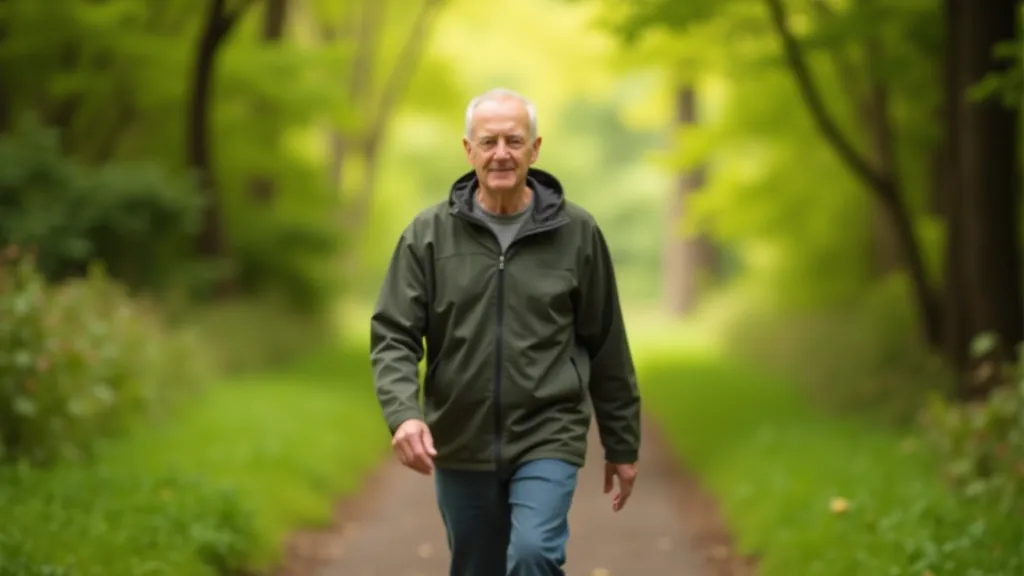 Person walking outdoors on nature trail through wooded area, active pose, natural light filtering through trees, peaceful setting