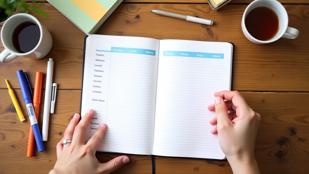 Hands holding a planning notebook with weekly schedule, colored markers, cup of tea nearby, wooden desk surface, organized notes visible