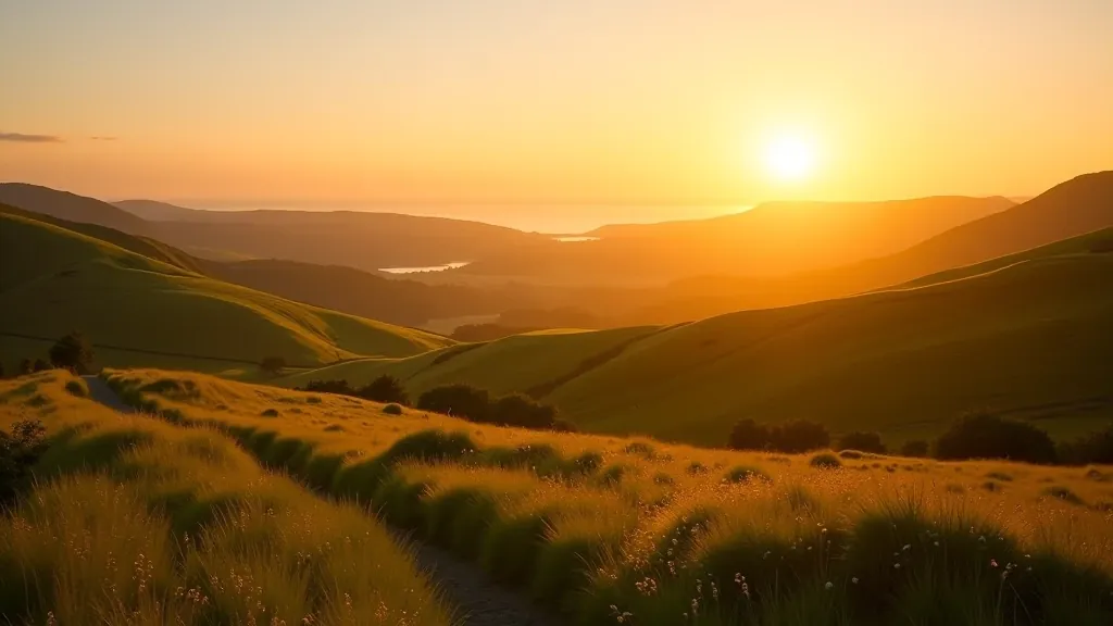 Serene Irish landscape at golden hour with rolling hills, peaceful countryside setting, warm natural lighting, wide angle perspective