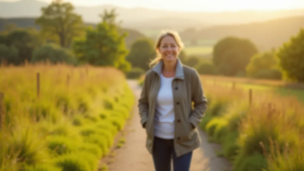 Woman walking outdoors in natural setting, morning light, peaceful countryside, active movement, healthy lifestyle