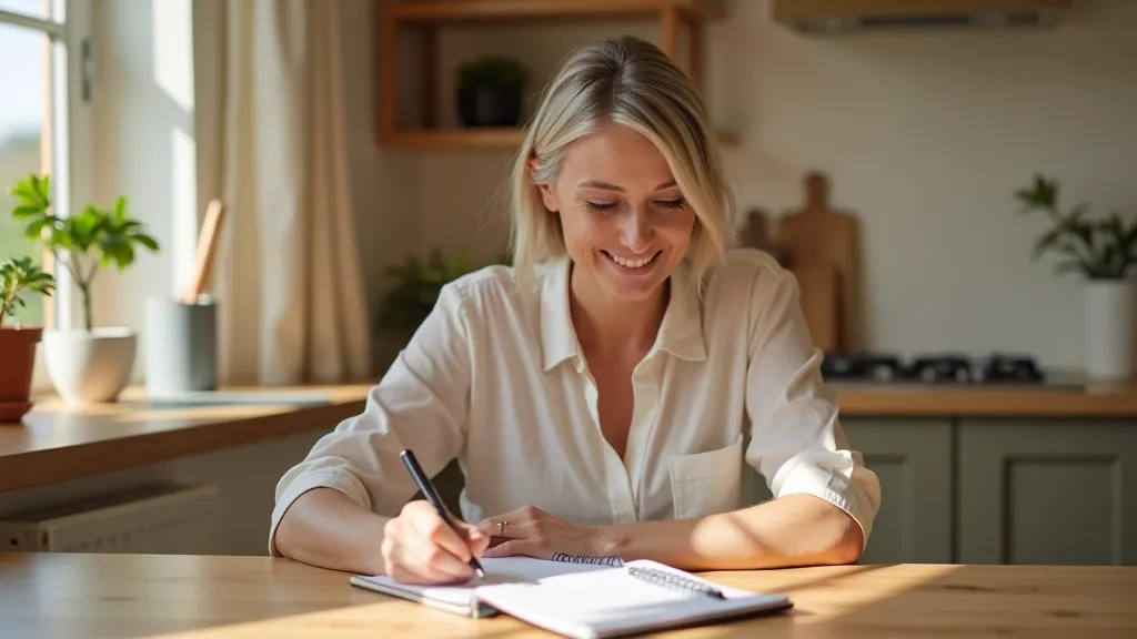 Woman writing in journal at kitchen table with morning light, organized planner visible, thoughtful posture, home setting