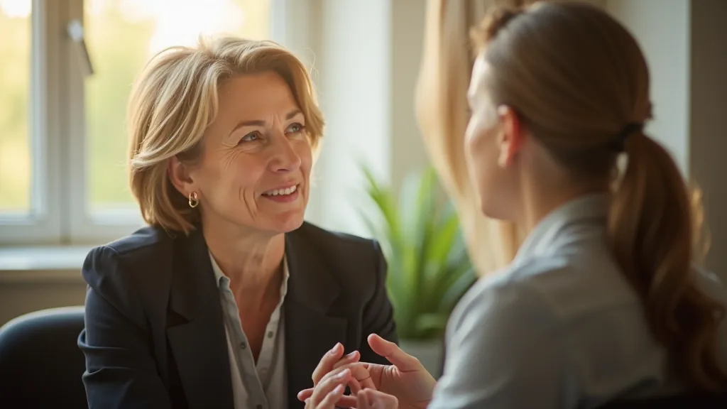 Professional woman having a coaching conversation in a bright office